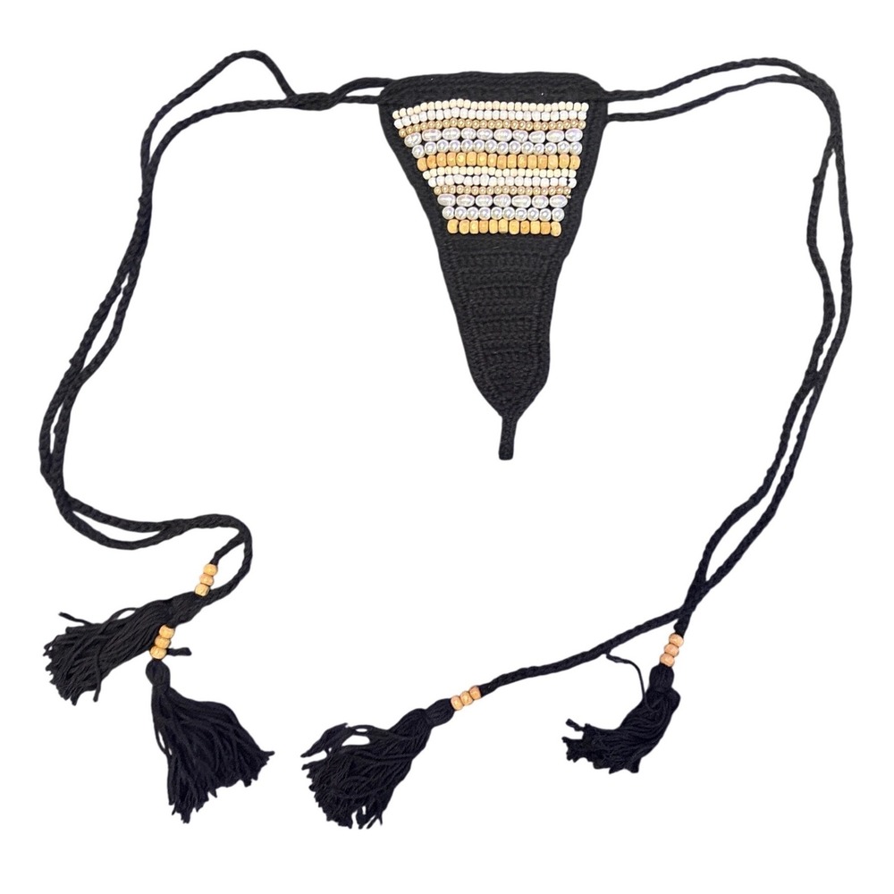 Audi Bagu Black‎ Crochet Beaded Thong Bikini Bottom S/M